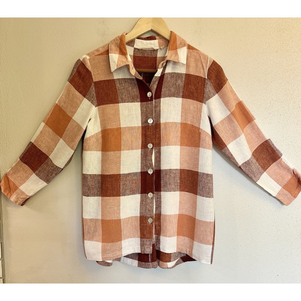 Soft Surroundings Carreaux Plaid Linen Blend Button Down Shirt Size Petite Small